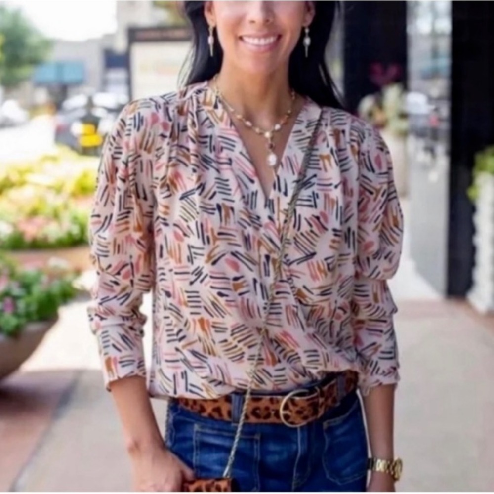 CAbi Marni Crossover V-Neck Blouse # 4162 Abstract Peach Tan Black Polyester, M